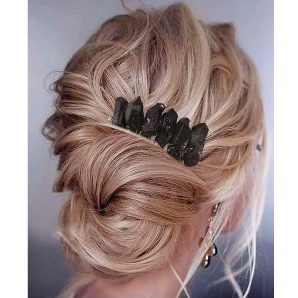 New Boho Black Obsidian Natural Crystal Hair Comb Clip Accessory - Raw Obsidian